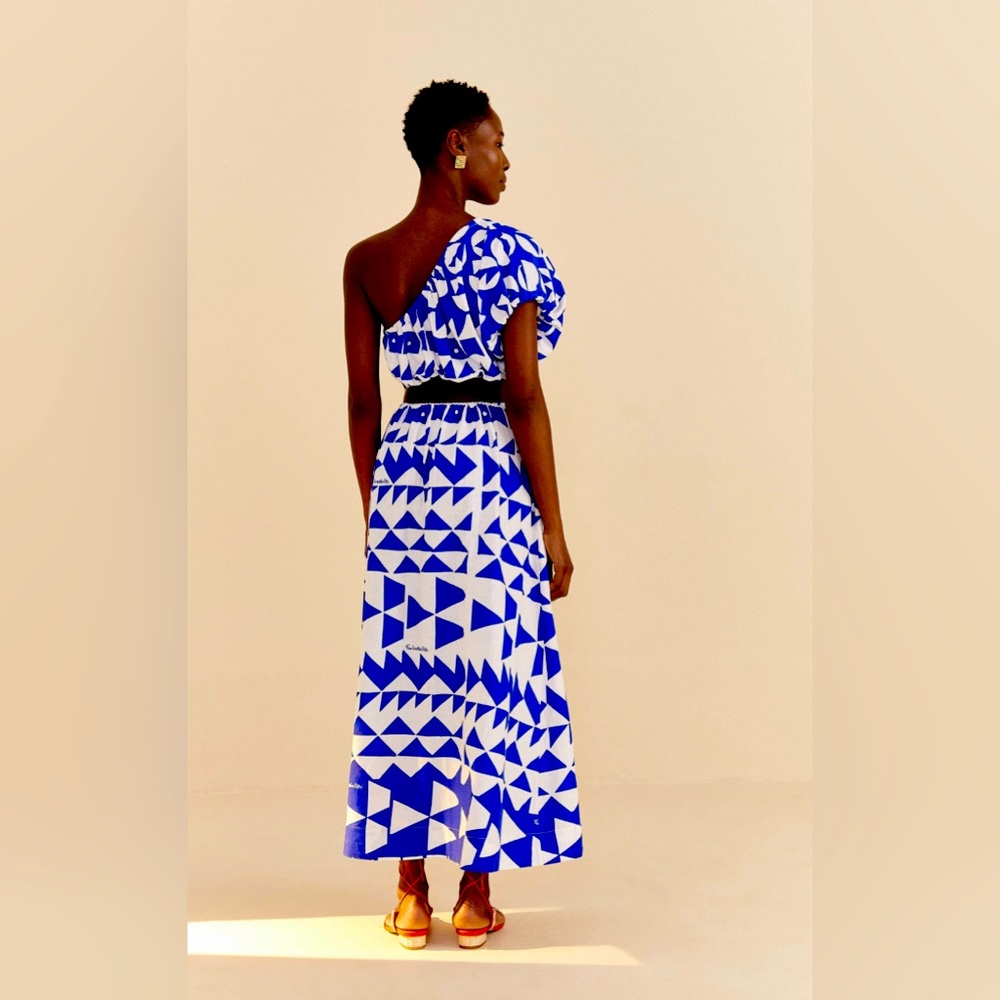 Farm Rio Blue Tiles One Shoulder Maxi Dress J Lo Miami Resort Luxe - Picture 8 of 14